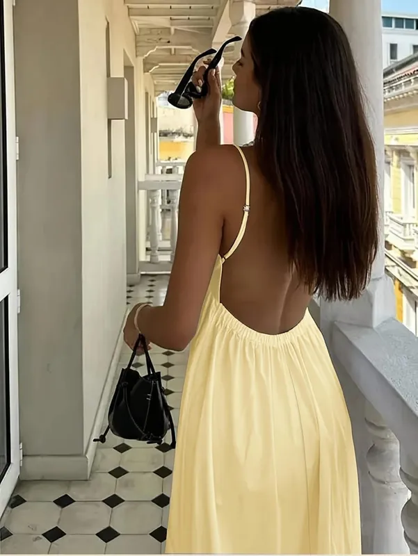 Robe à bretelles fines pour femmes, couleur unie, dos nu, vacances d'été — image 3