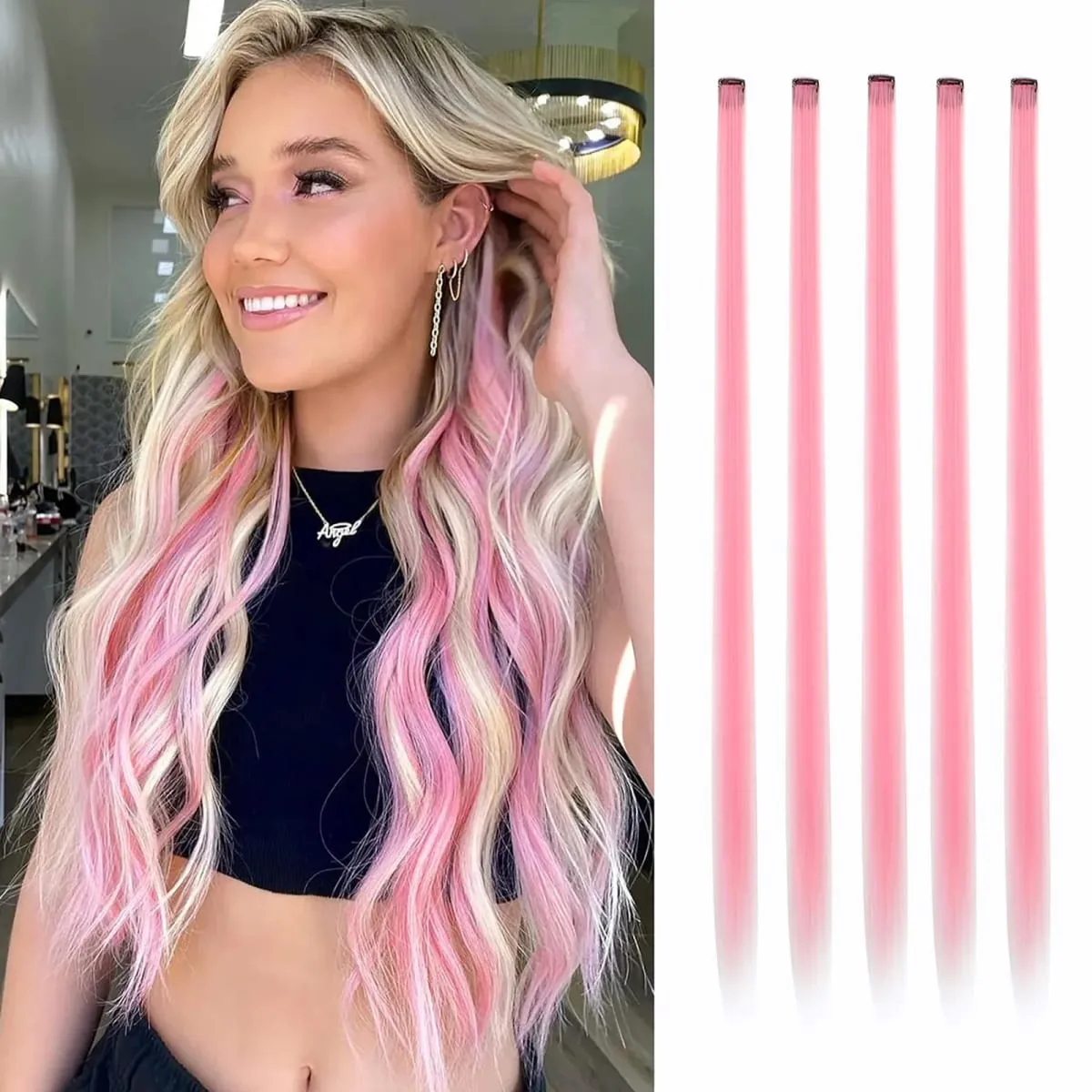 Synthetic 5PC Colored Hair Extensions 22Inch Straight Clip in Christmas Extension Rainbow Party Highlights Hairpiece for Girls — image 13