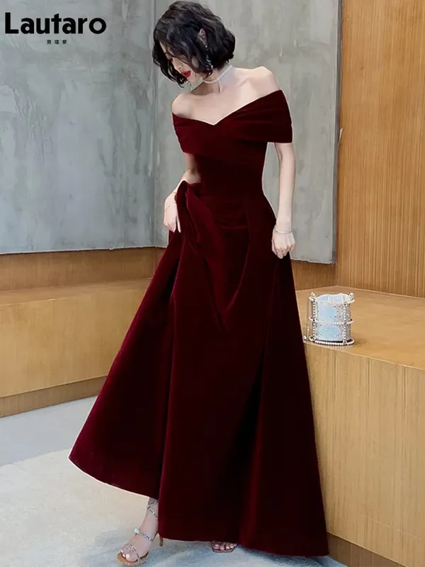 Lautaro Spring Long Luxury Elegant Wine Red Soft Velvet Evening Party Wedding Dresses for Women 2022 Off Shoulder Maxi Dress — image 2