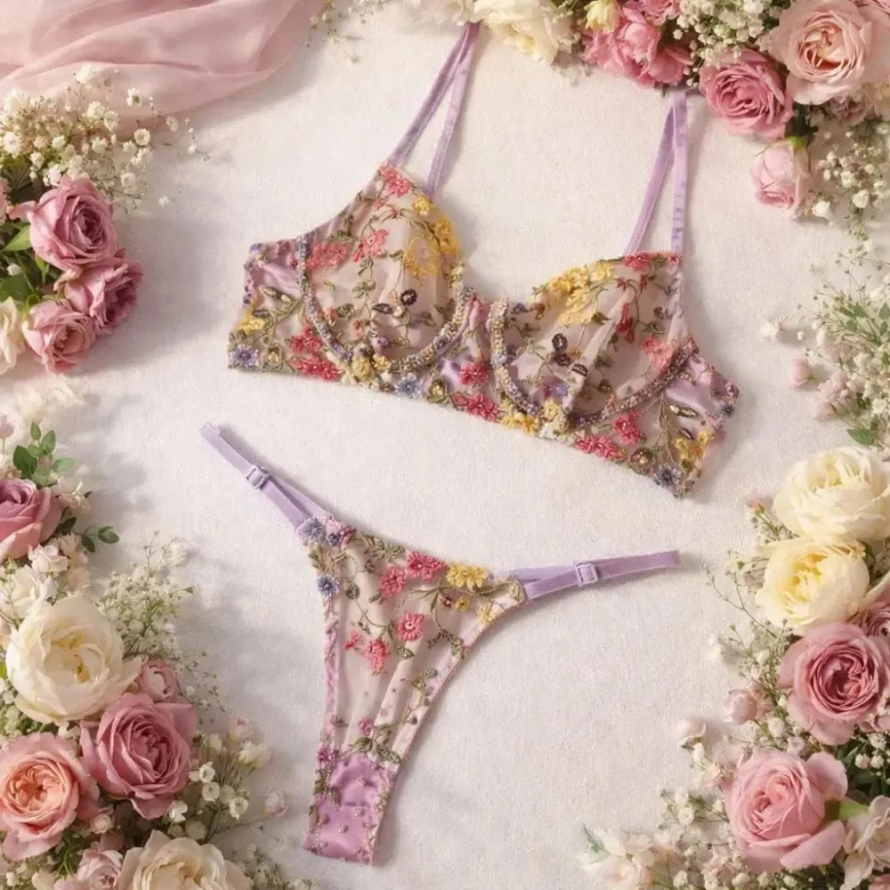 Set Pakaian Dalam Bunga 2 Keping Sulaman Seluar Dalam Serbaguna Intimate Underwire Push-up Set Seluar Dalam Bra Tipis Untuk Gadis Wanita — image 1