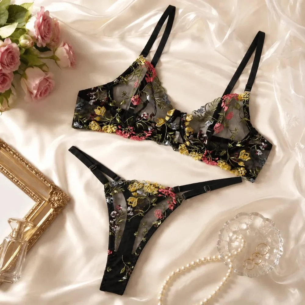 Vielseitiges transparentes Dessous-Set, ultradünn, elegantes Höschen-BH-Set, Push-Up-Stickerei, Blumen-Unterwäsche für Damen — image 4