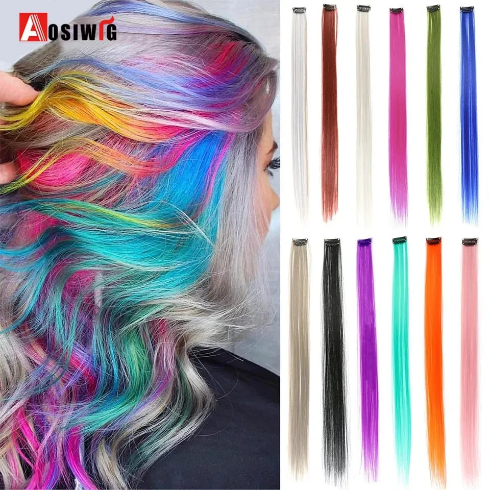 Extensions de cheveux synthétiques lisses et longues à reflets arc-en-ciel, 22 pouces, Clip en une seule pièce, ombré rose violet vert jaune pour femmes — image 2