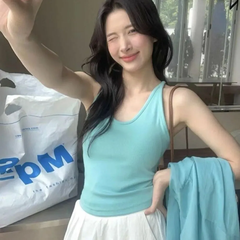 Gaya Korea dengan Tali Alas Dada Vest U-Neck Warna Pejal Tanpa Belakang Tanpa Lengan Atasan Pelangsingan Camis Wanita Musim Panas — image 4