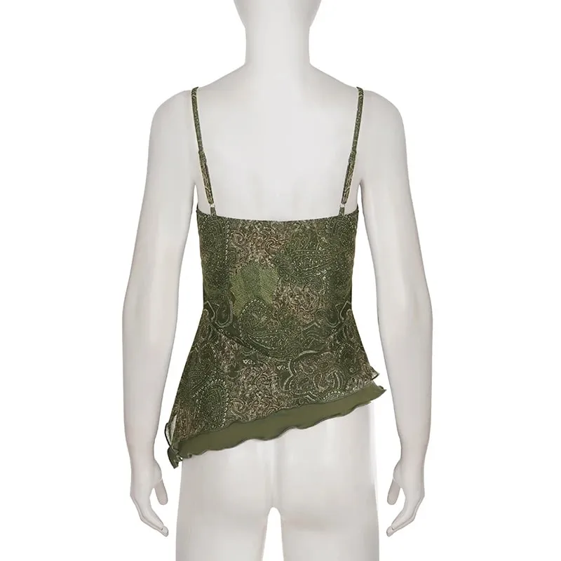 Fairycore Y2K Women Cami Top Floral Print Lace Patchwork Asymmetric Hem Spaghetti Strap Slim Sleeveless Streetwear Cami — image 6