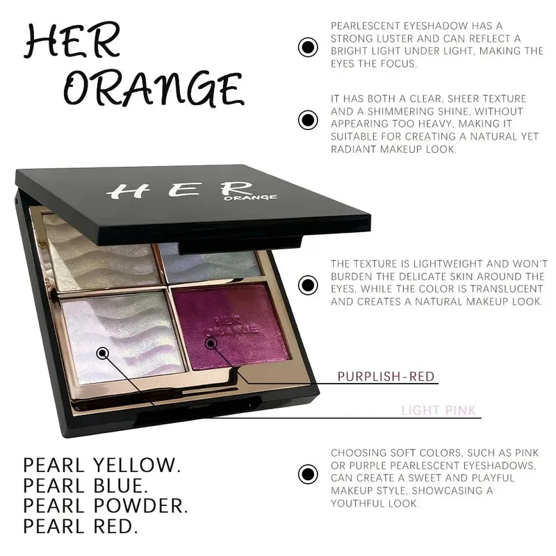 Palet Eyeshadow 4 Warna Herorange dengan Kuas Glitter Warna-warni Berkilau Multi-guna sebagai Sorotan & Perona Pipi untuk Pesta & Hadiah Sehari-hari — image 5