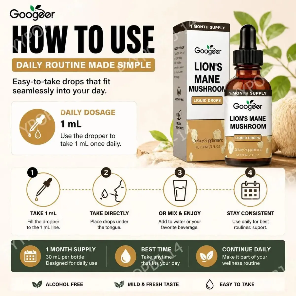 Googeer Lion's Mane Mushroom Liquid หยดหน่วยความจำและการสนับสนุนโฟกัสเพื่อความชัดเจนทางปัญญา ความคล่องตัวทางจิต ปราศจากแอลกอฮอล์ 30 ML — image 6