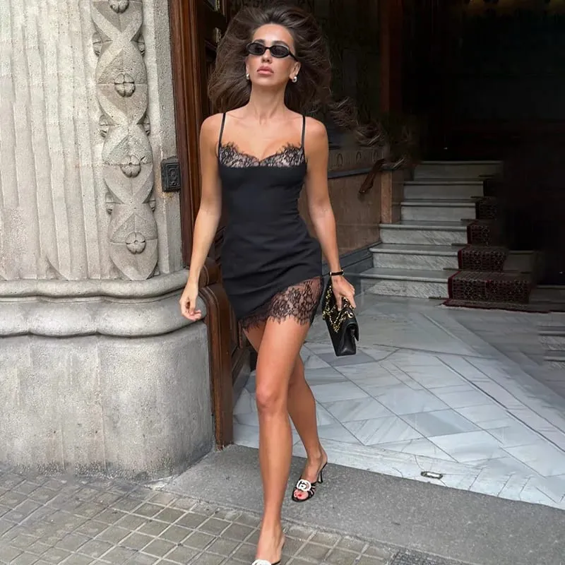 Lace Patchwork Dresses Women Fashion Sexy Solid Color Sleeveless Irregular Sheath Mini Vestidos Robe Female Fit Party Club Gown