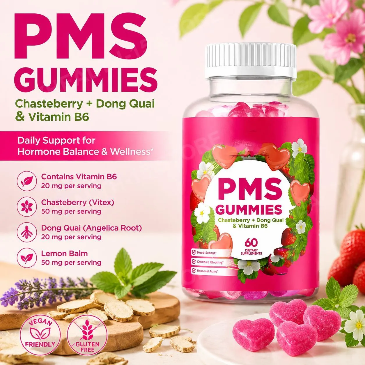 PMS Support Gummies with Chasteberry Vitex Dong Quai Vitamin B6 & Lemon Balm for Women's Monthly Wellness & Mood 60 Gummies — image 1