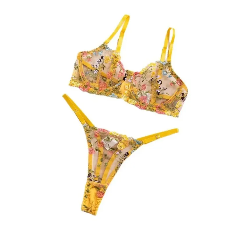 Set Pakaian Dalam Bunga 2 Keping Sulaman Seluar Dalam Serbaguna Intimate Underwire Push-up Set Seluar Dalam Bra Tipis Untuk Gadis Wanita