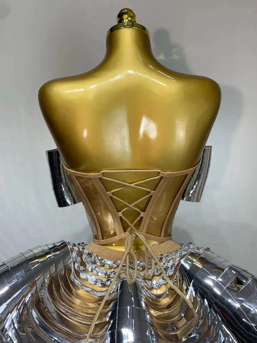 Damski kostium sceniczny Dwuczęściowy zestaw Srebrne cekiny Rhinestone Fantazyjny strój Seksowne, bez pleców, błyszczące sukienki na przyjęcie urodzinowe — image 6