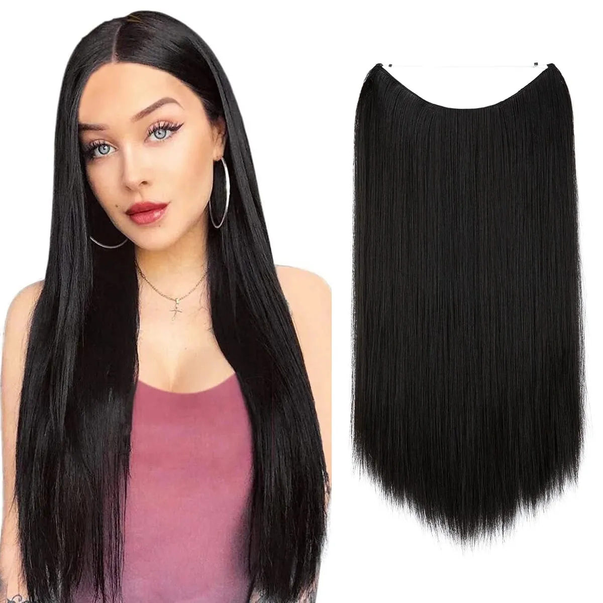 Estensioni per capelli con filo invisibile sintetico resistente al calore premium con clip Posticci Capelli lunghi lisci naturali finti per donna — image 8