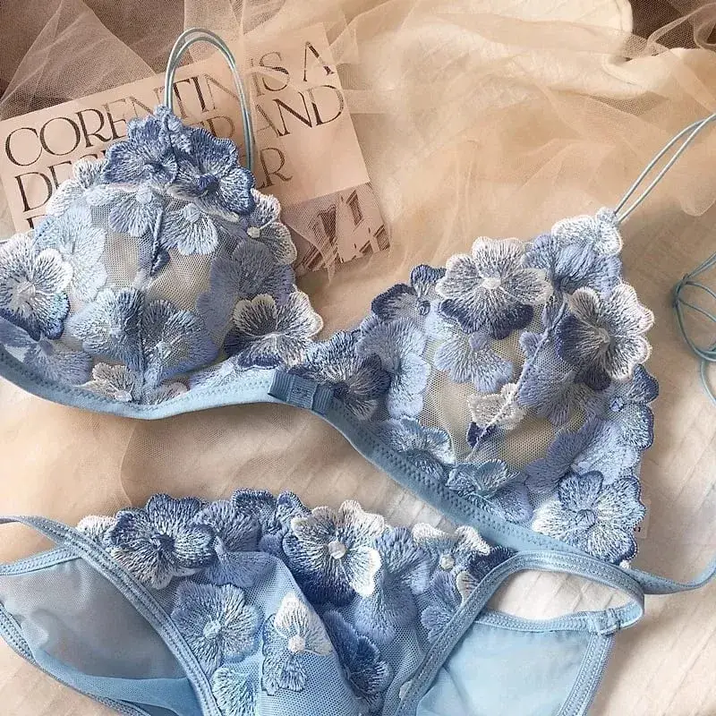 Conjunto de lencería de nicho francés, Bralette con copa triangular de malla bordada, sin aros, encaje Retro, sujetador fino y Sexy cómodo, Tushy MOYISU de EE. UU. — image 8