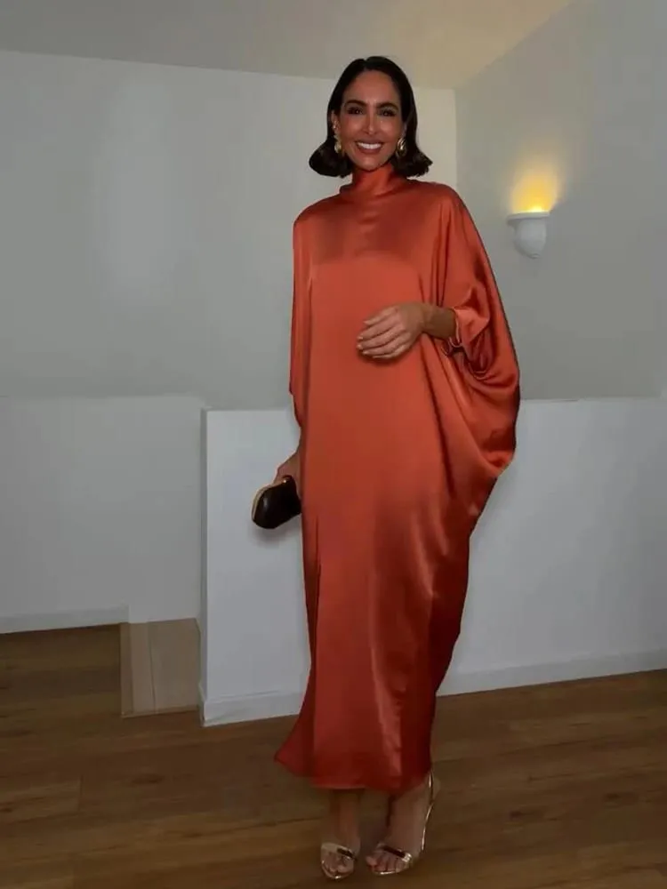 Robe Maxi en Satin uni pour femmes, col haut, manches chauve-souris, coupe ample, fente avant, tenue de soirée élégante, été, 2026 — image 4
