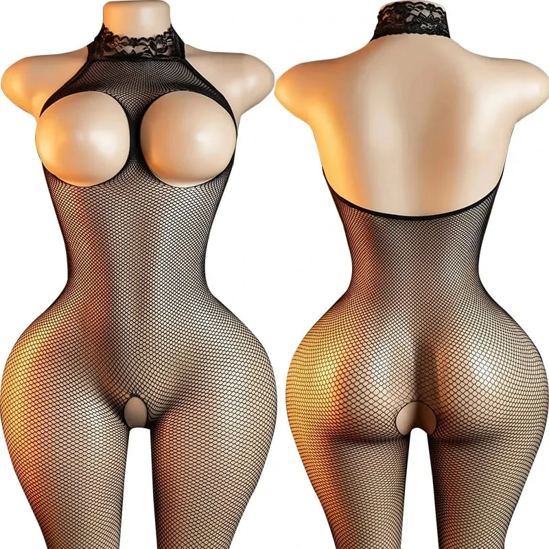 블랙 Fishnet 오프 어깨 오픈 가랑이 Bodystocking 란제리 세트 섹시한 가랑이없는 테디 브래지어 여성의 에로 속옷 — image 18