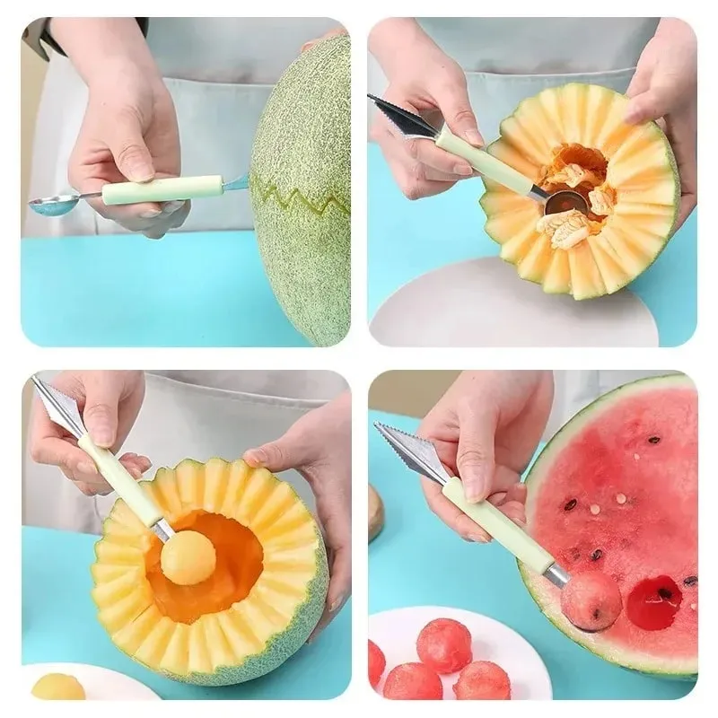 Sudu Buah Menggali Berkepala Dua Keluli Tahan Karat Mudah Alih Pelbagai Fungsi Melon Baller Scoop Alat Bola Pinggan Buah DIY TMZ — image 3