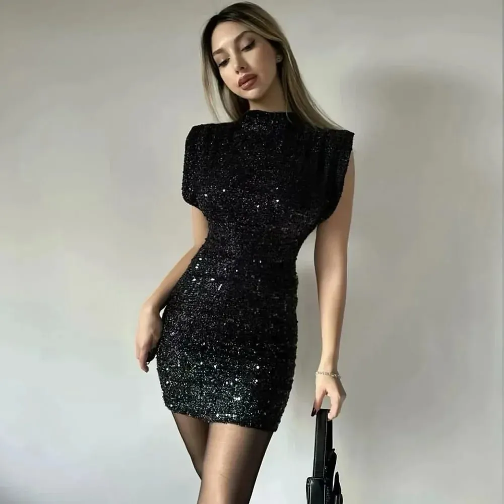 2026 frühling Frauen Pailletten Party Kleider Schulter Pad Mantel Mini Kleid Ärmellose Valentinstag Frauen Elegante Kleider — image 2