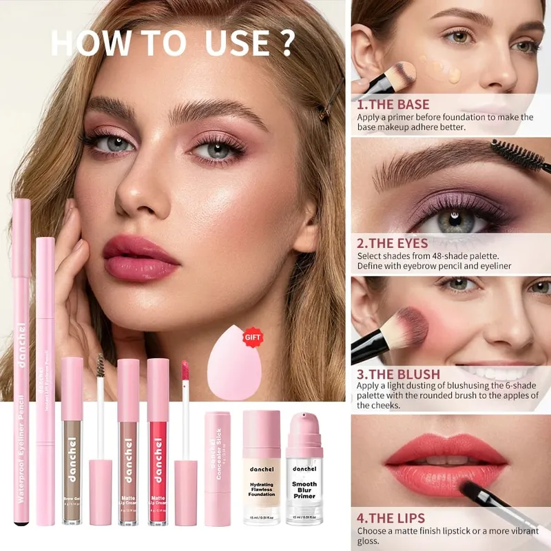 Alt-i-én makeup-sæt til hele ansigtet indeholder Primer Foundation Eyebrow Pencil Eyeliner Concealer Stick Lip Gloss Kosmetisk Kit til Wo — image 7