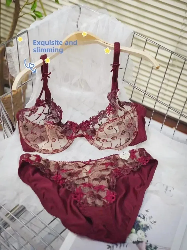 Estilo vitoriano plus size conjunto de sutiã de renda vermelha sexy underwire suporte para seios grandes feminino elegante lingerie arco design — image 1