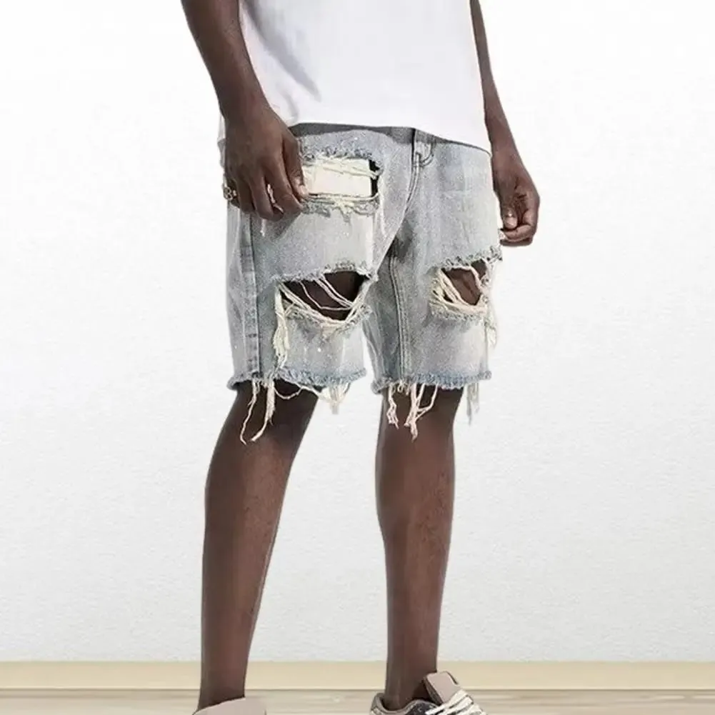 Pantaloncini estivi da uomo in denim effetto invecchiato con bottoni con cerniera e tasche multiple Jeans corti vestibilità dritta con fori strappati lunghezza al ginocchio invecchiato — image 3