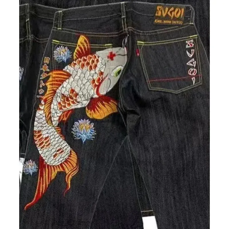 Japanische Hip-Hop-Jeans mit Brokat-Karpfen-Aufdruck, gleicher Stil, Paar-Waschung, hohe Taille, Retro-Freizeithose, lockere Passform, gerade Hose mit weitem Bein — image 3