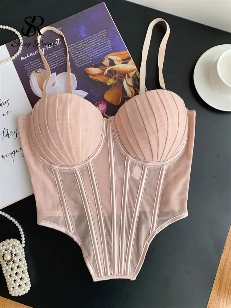 Fesyen Solid Korset Pakaian Dalam Atasan Wanita Tali Mesh Tipis Kamisol Slim Amerika Retro Backless Beach Tank Top Seksi — image 3