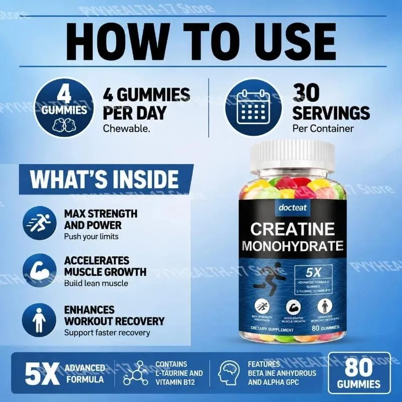 Docteat Creatine Monohydraat Gummies Kauwbaar voor kracht en kracht Ondersteunt spiergroei en trainingherstel 80 Gummies