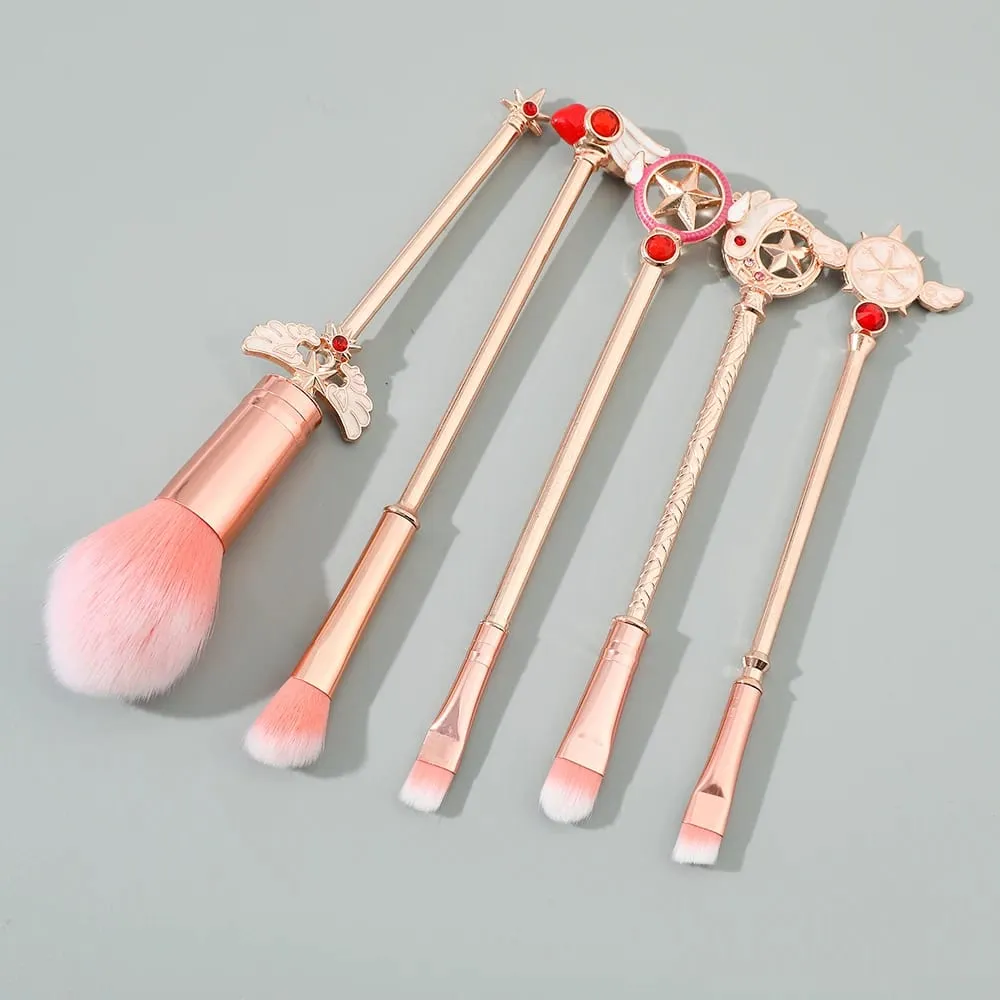 5pcs Pemegang Logam Berus Makeup Gebu Lembut Set Anime Card Captor Sakura Cosmetics Powder Berus Berus Kening Pembayang Mata Merah Jambu — image 6