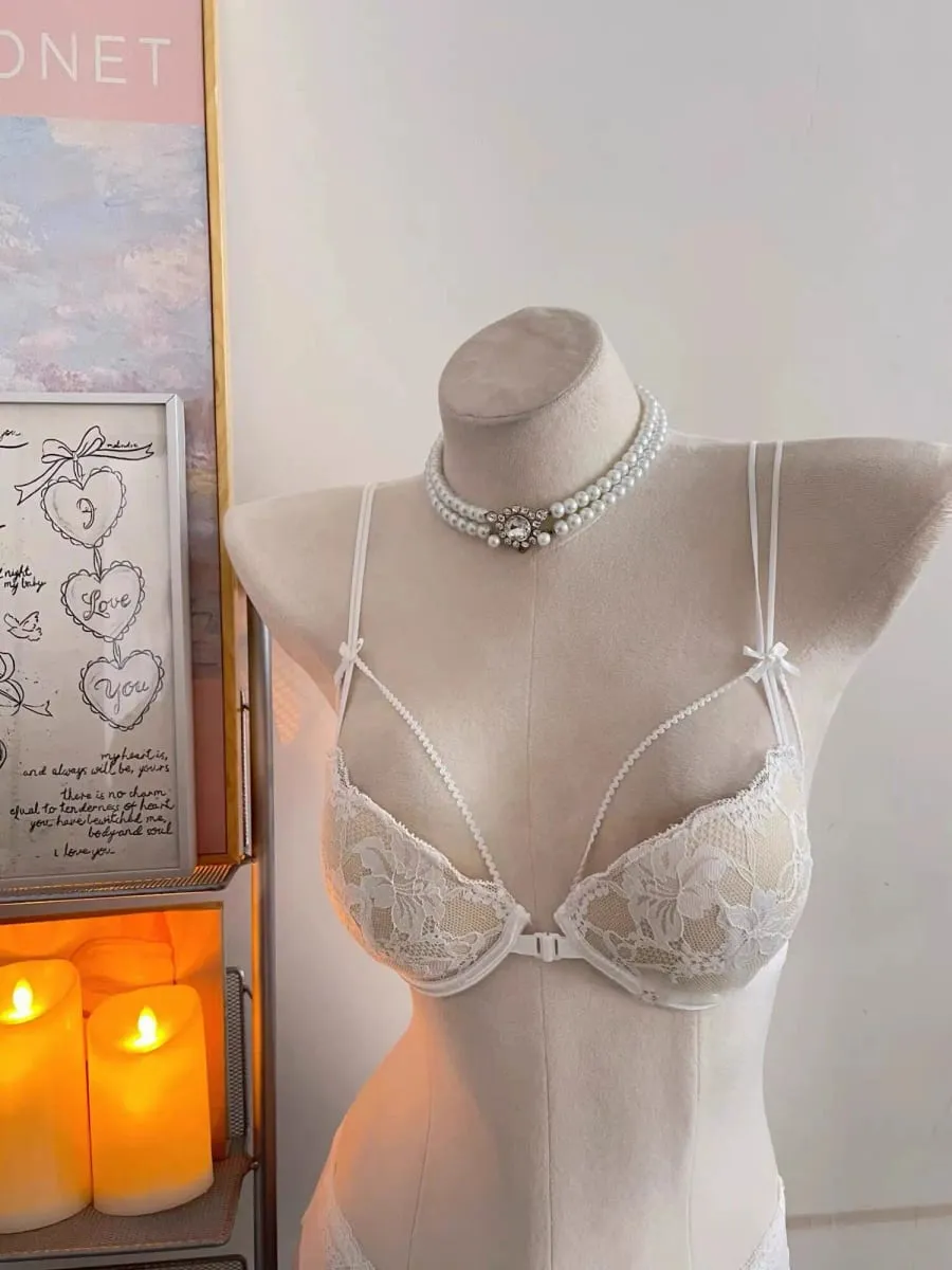 Sutiã e conjunto de sutiã com fecho frontal, coquete mínimo, alças finas sem fio, beleza, envoltório lateral, suporte pequeno, busto curvilíneo, luz íntima — image 8