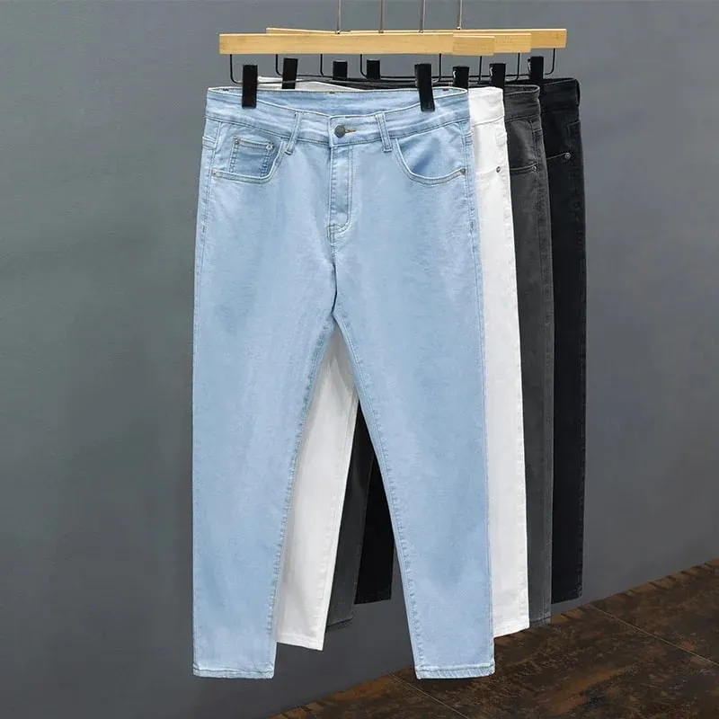Jean Slim pour hommes, pantalon en coton fin, doux, élastique, tendance, longueur cheville, droit, Simple, coréen, Denim, printemps été — image 2