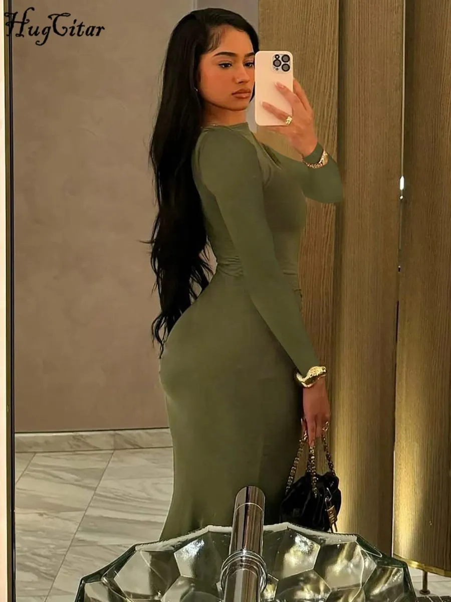 Hugcitar 가을 솔리드 긴 소매 Draped 섹시한 Bodycon 맥시 댄스 파티 드레스 여성 패션 Y2K 의상 저녁 파티 축제 클럽 — image 3