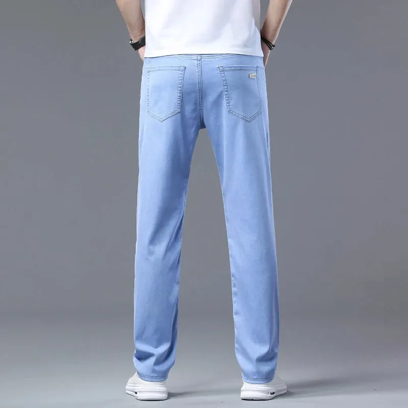 2025 sommer Neue männer Sky Blue Schlank Stretch Jeans Lyocell Dünne Stil Mode Lässig Eis Seide Denim Hosen Männliche marke Hosen — image 5