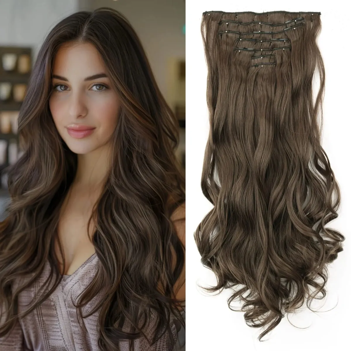 Coiffure longue droite 16 Clips 7 pièces/ensemble Extensions de cheveux postiches synthétiques blondes noires naturelles résistantes à la chaleur pour les femmes — image 20