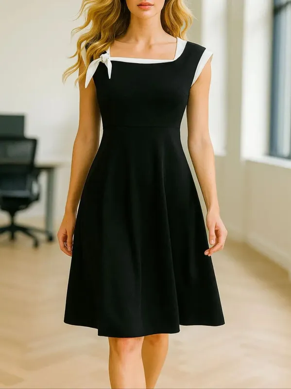 Gaun kerja musim panas elegan tanpa lengan wanita A-Line dasi hitam bisnis pesta kasual Slim Fit dan gaun ayun melebar