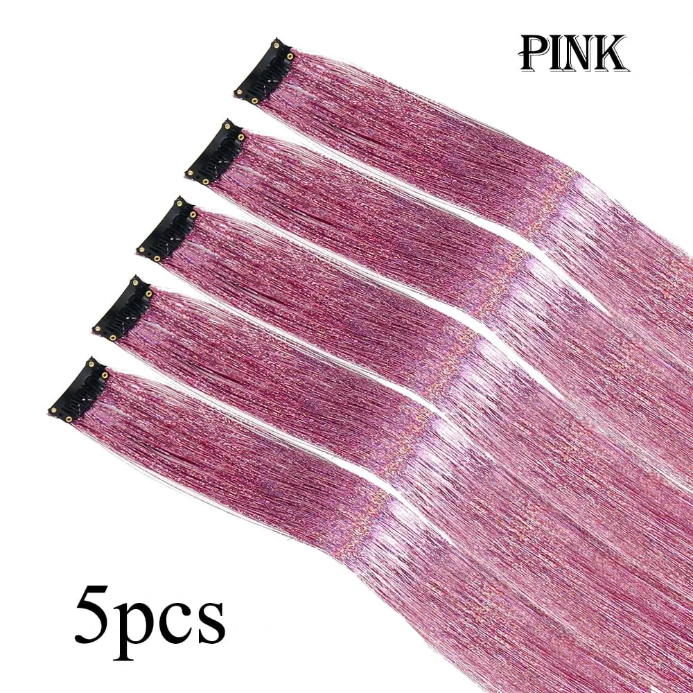 ขายส่ง 5 ชิ้น/แพ็คประกายเงาต่อผมคลิปใน Sparkle ผมเงา Tinsel Rainbow Shiny Sparkle ผม Tinsel สีชมพู/ สีแดง — image 23