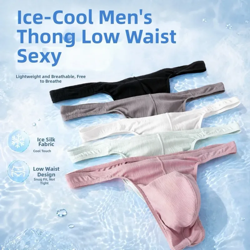 Perizoma in seta di ghiaccio Uomo Intimo sexy Morbido perizoma a costine Mutande traspiranti Mutandine senza cuciture Lingerie maschile Slip con custodia rigonfia — image 2