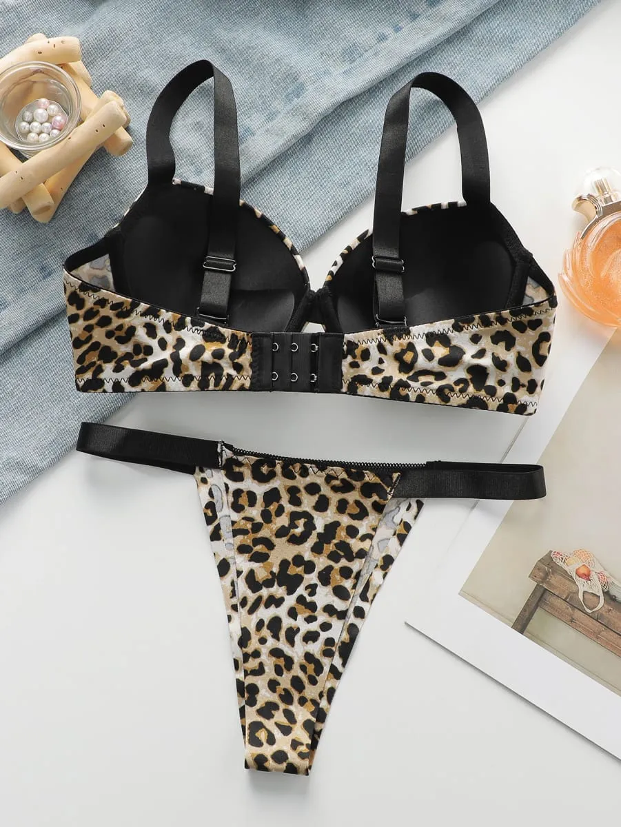Sexet leopardprint 2-delt sæt med rynket løft og fortykket stål støtte bh sæt til dameundertøj B2051 — image 2