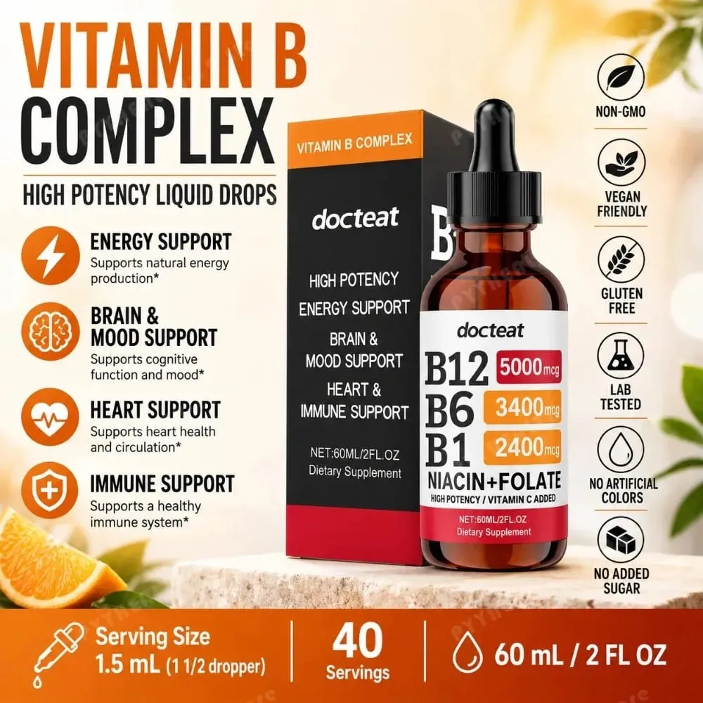Docteat B Complex Drops 60ml High Power B12 5000mcg Methylcobalamin אנרגיה מוח מצב רוח לב תמיכה חיסונית ללא GMO טבעוני — image 3