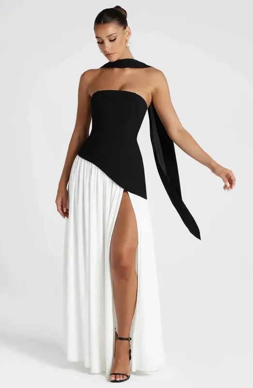 Botergeel Mesh Splicing Lange Jurk Elegante Strapless Split Backless Geplooide Jurken Voor Vrouwen 2026 Lady Avondfeest Jurken — image 9
