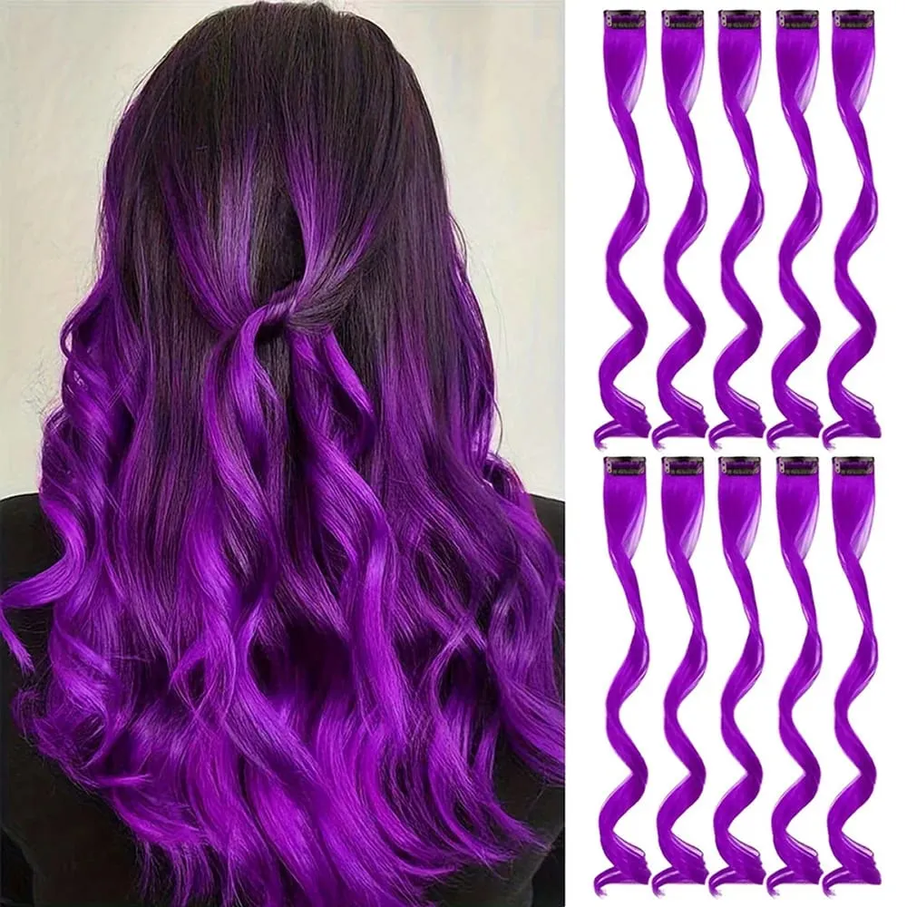 10 piece set of colored curly hair extensions clip style highlight hair patches single clip style one-piece women's dark hair — image 10