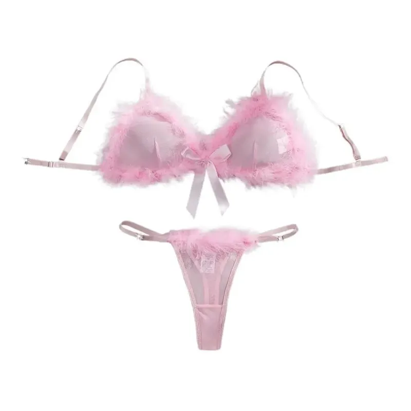 Pakaian dalam wanita berbulu Set Lingerie dekorasi pita nirkabel celana dalam Bra transparan jaring intim romantis setelan ulang tahun