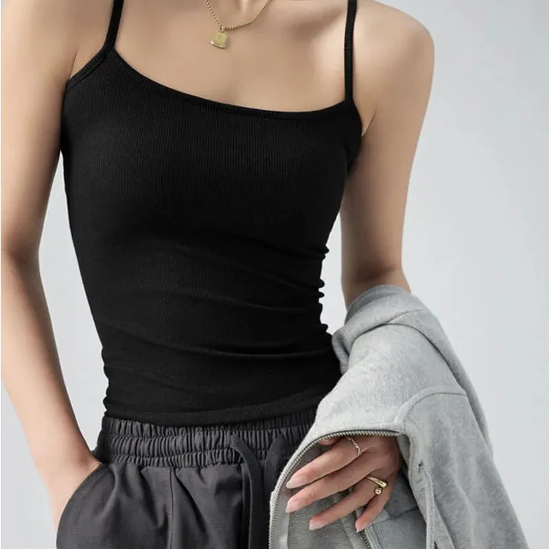 Letní základní tílka Špagetový pásek Camis Pevné strečové topy pro ženy Bez rukávů Slim Fit Basic Pevná pletená košilka — image 8