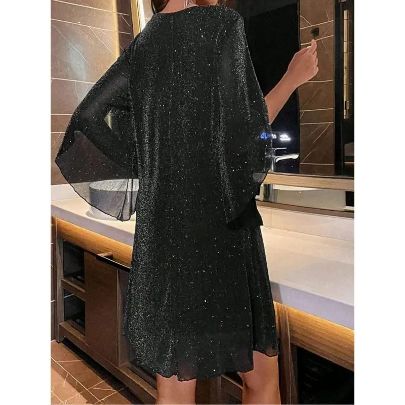 Heldere Sequin Jurken Vrouwen V-hals See Through Chiffon Patchwork Onregelmatige Halve Mouwen Losse Mini Jurk Vrouwelijke Vestidos 2024 — image 4