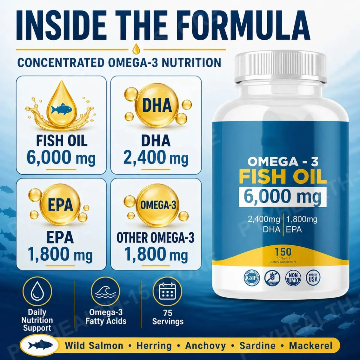 Omega-3 Olio di pesce 6000 mg Capsule molli Alto DHA Formula EPA 2400 mg DHA 1800 mg EPA Non OGM 150 capsule Cuore Cervello Supporto nutrizionale — image 3