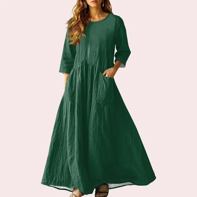Gaun Panjang Longgar Musim Panas Wanita Warna Pejal Lengan Tiga Suku Gaun Poket Berganda Gaun Linen Leher Bulat Longgar Vestidos — image 13