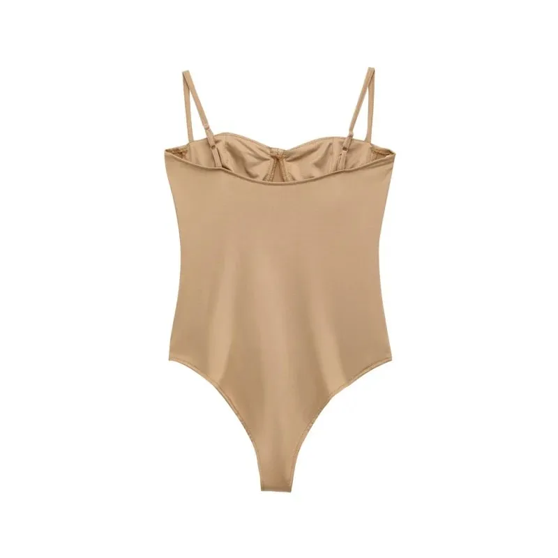 2026 Sexy Underwire Spaghetti Strap Bodysuit for Women – Spring Summer Slimming Bodycon Daily Outfit with Flare Jeans — image 5