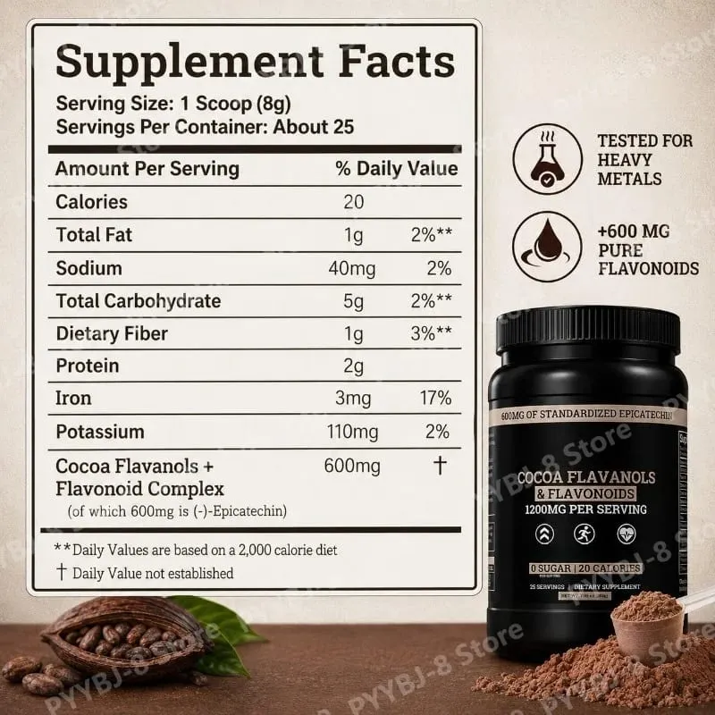 Cocoa Flavanols & Flavonoids Powder 200g (25 Servings) with Epicatechin 600mg Supports Antioxidant & General Wellness Sugar-Free — image 7