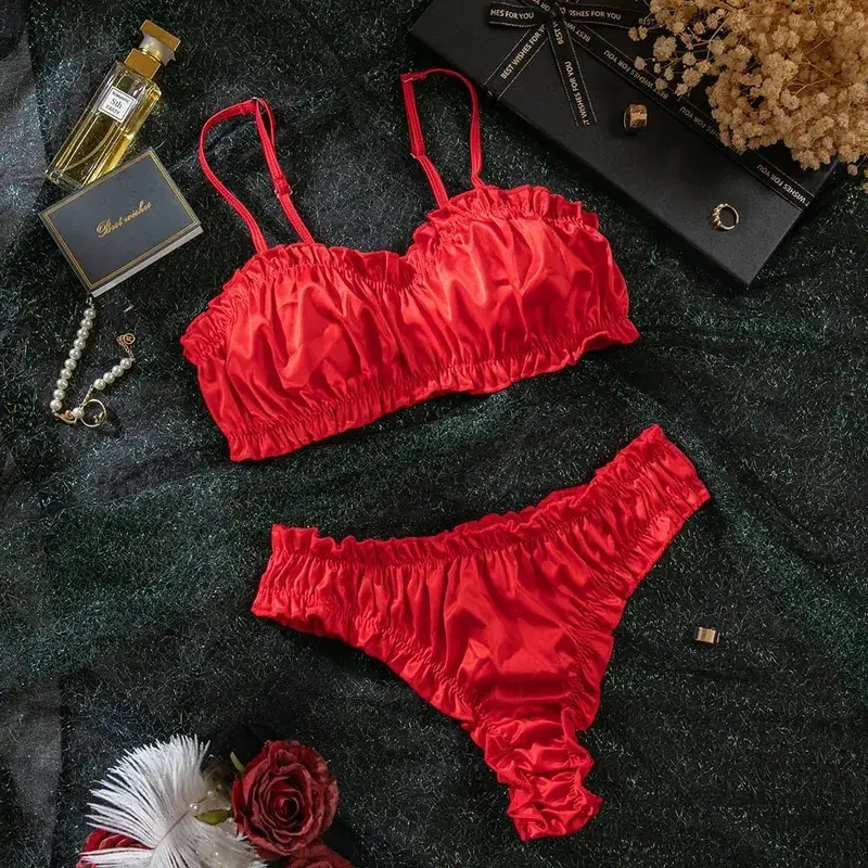 Minimalistisches Rüschen-Dessous-Set, sexy einfarbiger BH, Höschen, bequeme Alltagskleidung, Damenunterwäsche, INS-Stil, elegantes BH-Set — image 9