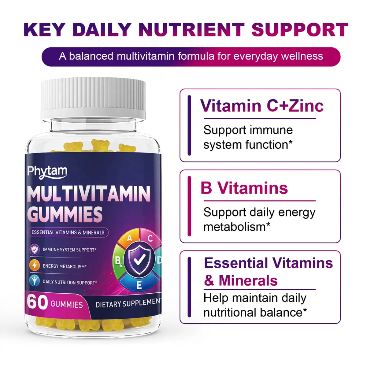 Multivitamin Dewasa Bear Gummies 14 dalam 1 Vitamin Mineral Kompleks Vitamin C Zink B D Metabolisme Tenaga Imun Sokongan Pemakanan Harian 60 Kiraan — image 3