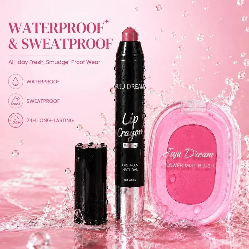 Lip Crayon And Flower Mist Blush Makeup Set Matte High Pigment Waterproof Long Lasting Natural Pink Face Makeup Kit