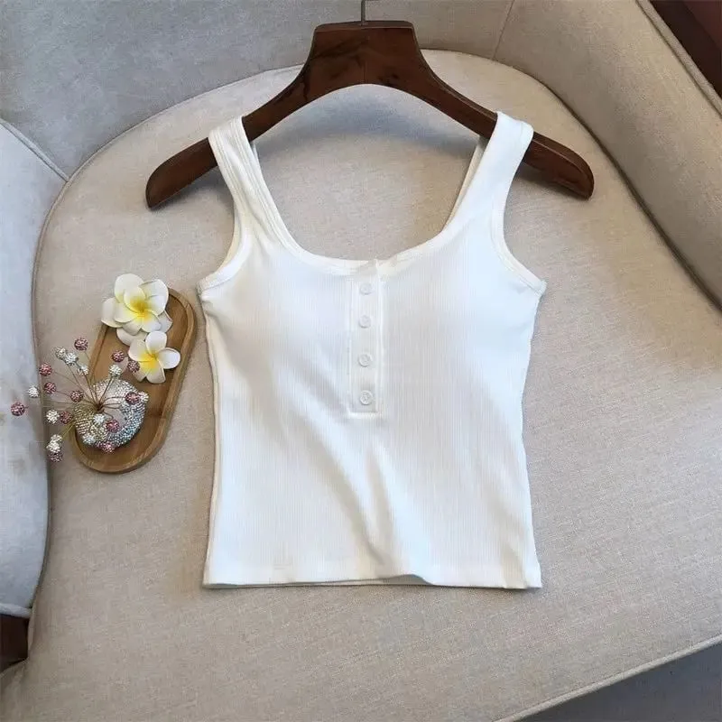 1-teiliges geripptes Henley-Tanktop für Damen mit quadratischem Ausschnitt und Knopfleiste vorne, integrierter BH, ärmelloses Leibchen — image 3